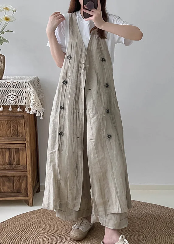 Boho White Double Breast Wrinkled Linen Long Vest Fall