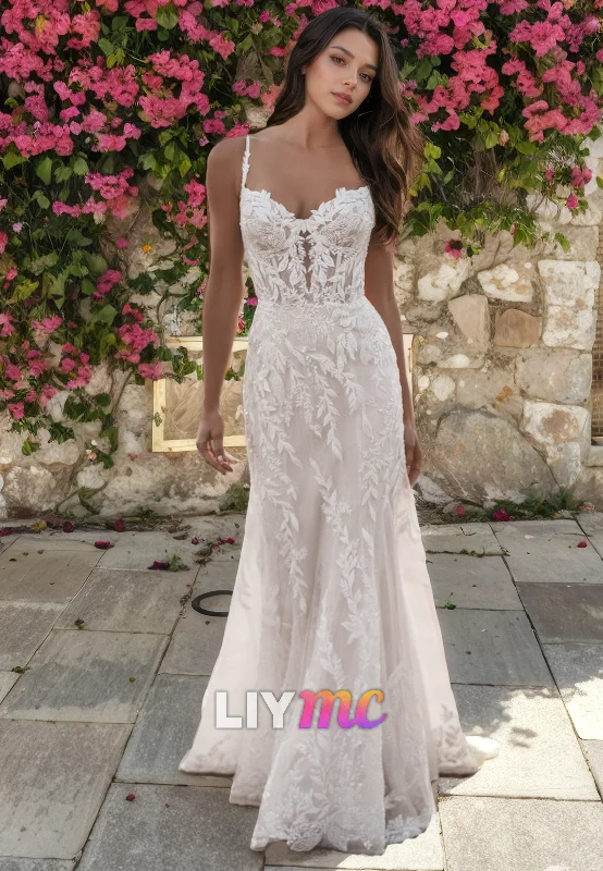 Sweetheart Sleeveless Appliques Sweep Train Sheath Beach Wedding Dress