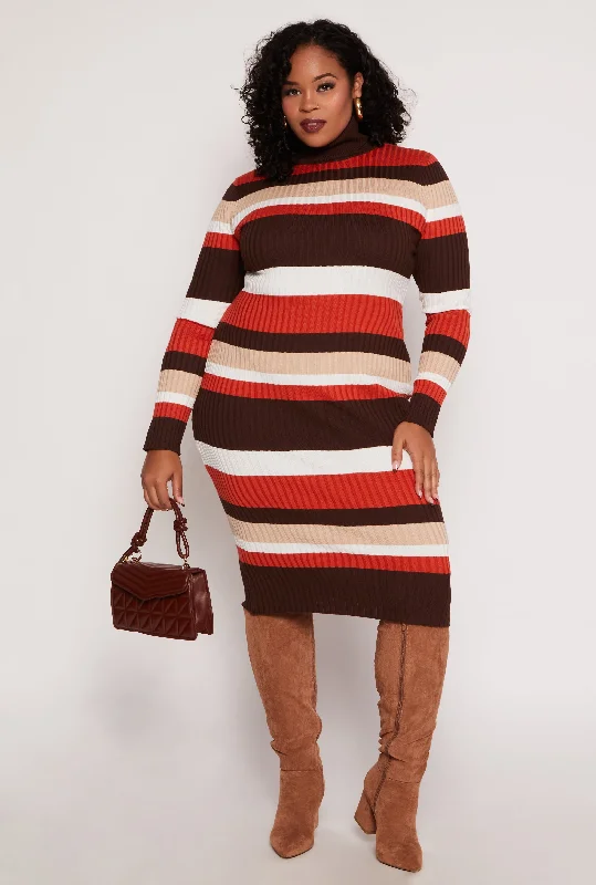 Plus Size Almost Famous Striped Turtleneck Sweater Dress