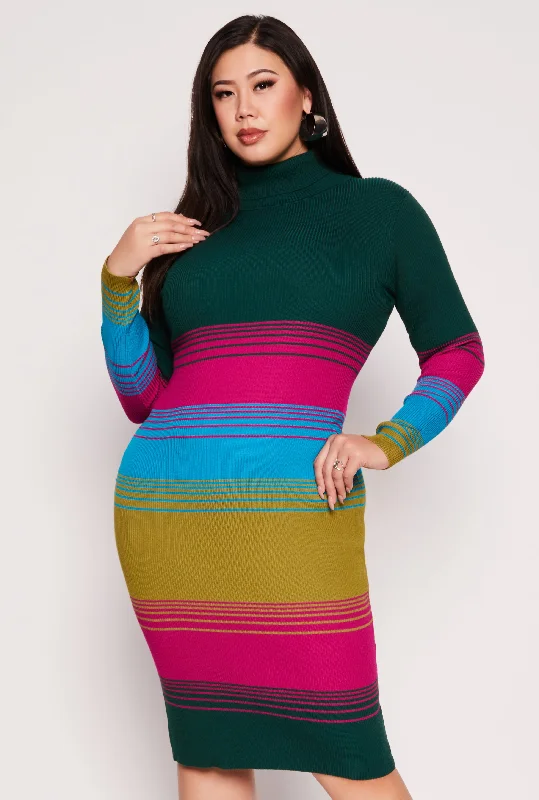 Plus Size Almost Famous Color Blocked Striped Sweater Dress