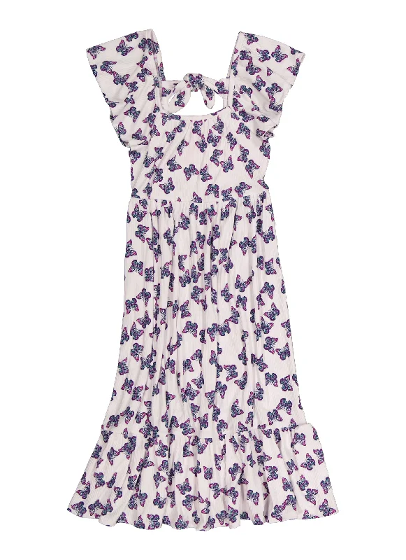 Girls Butterfly Print Tie Back Cap Sleeve Dress