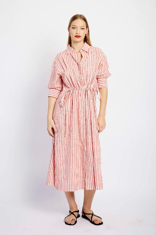 Linen Tunnel Shirt Dress in Red and White Stripe