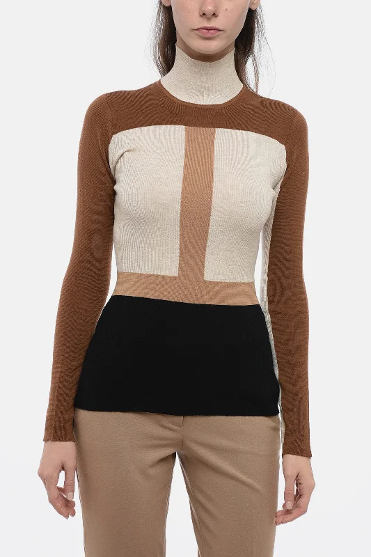 Chloe Turtleneck Wool Sweater with Color Block Pattern