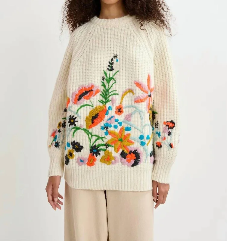 Glossy Floral Embroidered Rib-Knitted Sweater In Ecru/ocher/orange