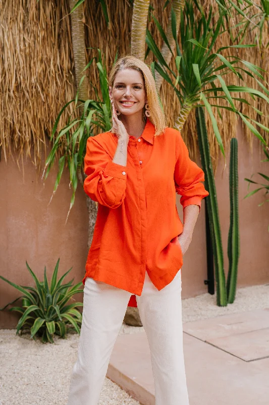 Oversized Linen Boyfriend Shirt in Tangerine