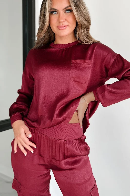 Taking What's Owed Satin Long Sleeve Top (Maroon)