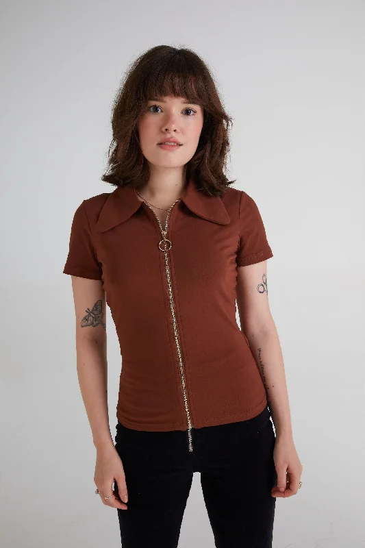 The Chain - Exclusive 'Jagger' Dagger Collar Zip Front Brown - Shirt