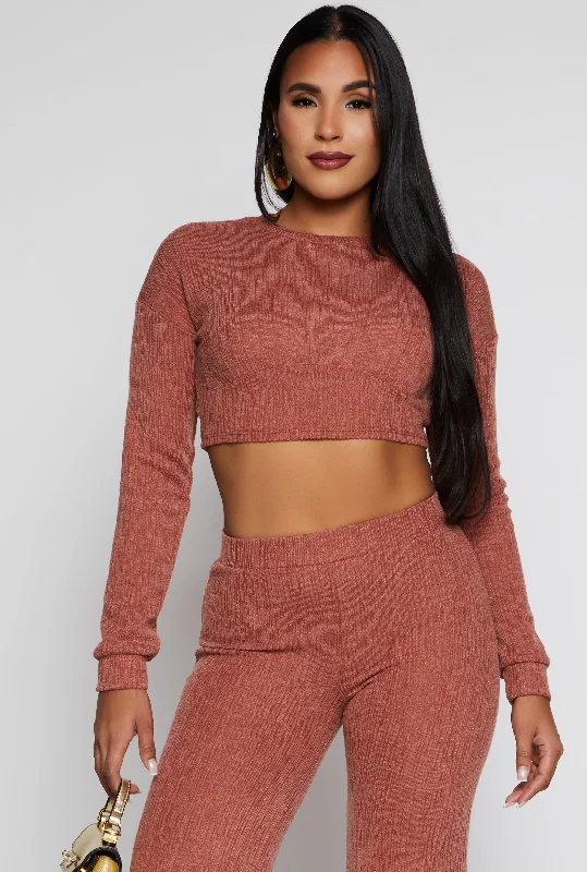 Textured Brushed Knit Long Sleeve Crop Top