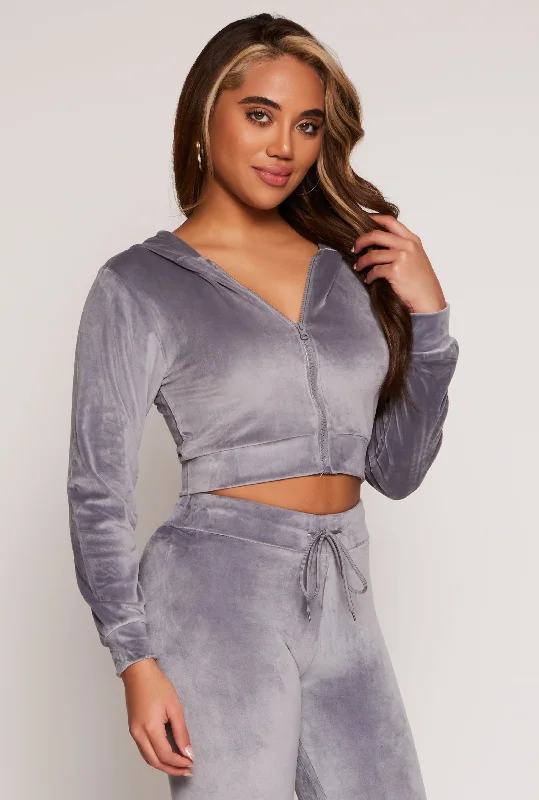 Velour Zip Up Hooded Crop Top