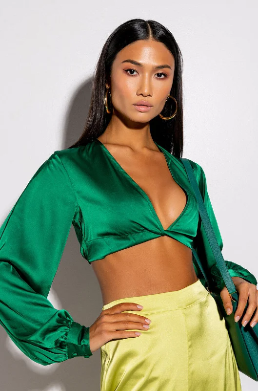 MONEY IS THE MOTIVE SATIN TWIST FRONT CROPPED BLOUSE