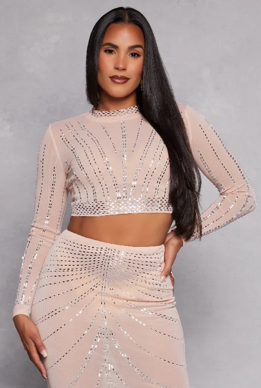 Mesh Embellished Long Sleeve Crop Top