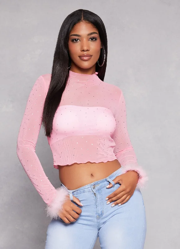 Feather Long Sleeve Rhinestone Mesh Crop Top