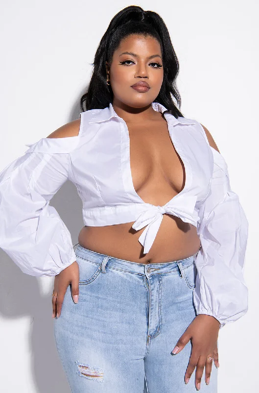 PLUS IM THE BOSS TIE FRONT COLD SHOULDER CROP BLOUSE