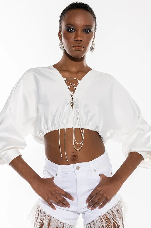 PORTOFINO SATIN LACE UP CROPPED BLOUSE