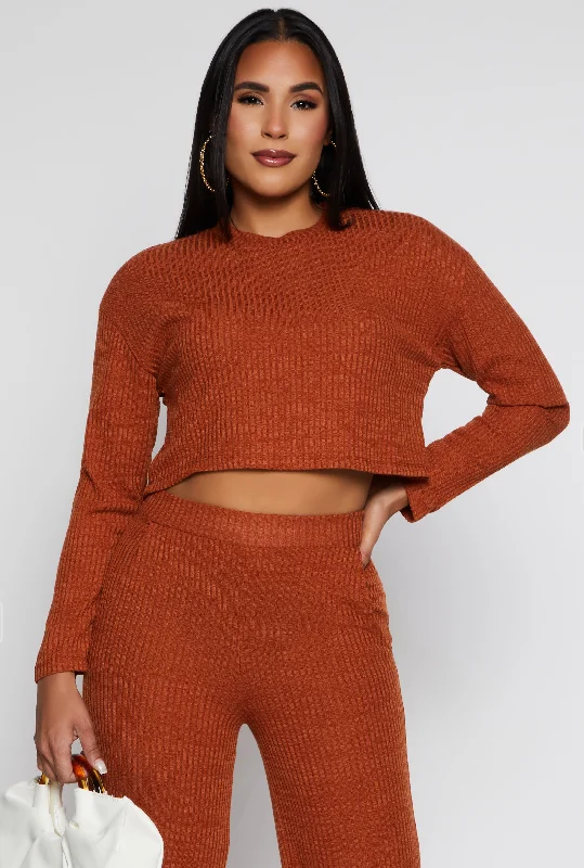 Ribbed Brushed Knit Long Sleeve Crop Top