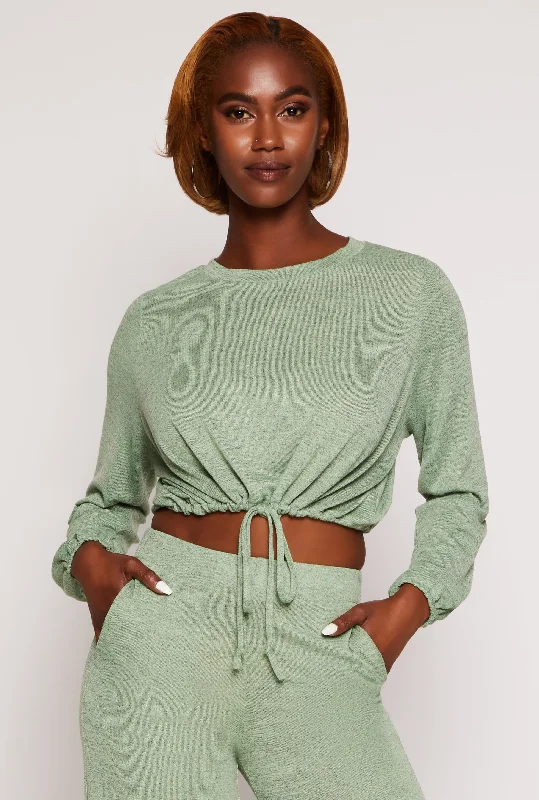 Daisy Drawstring Hem Long Sleeve Crop Top