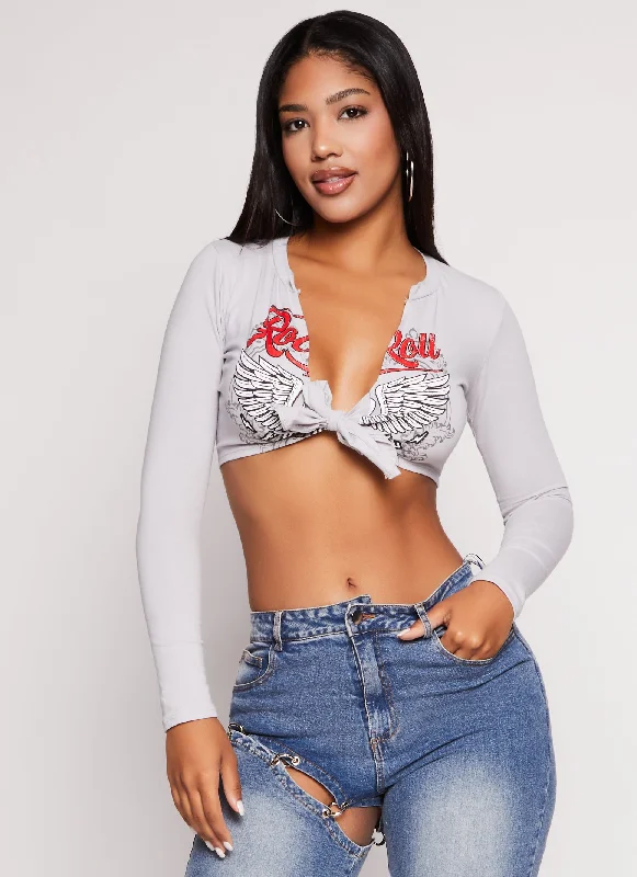 Rock n Roll Tie Front Graphic Crop Top